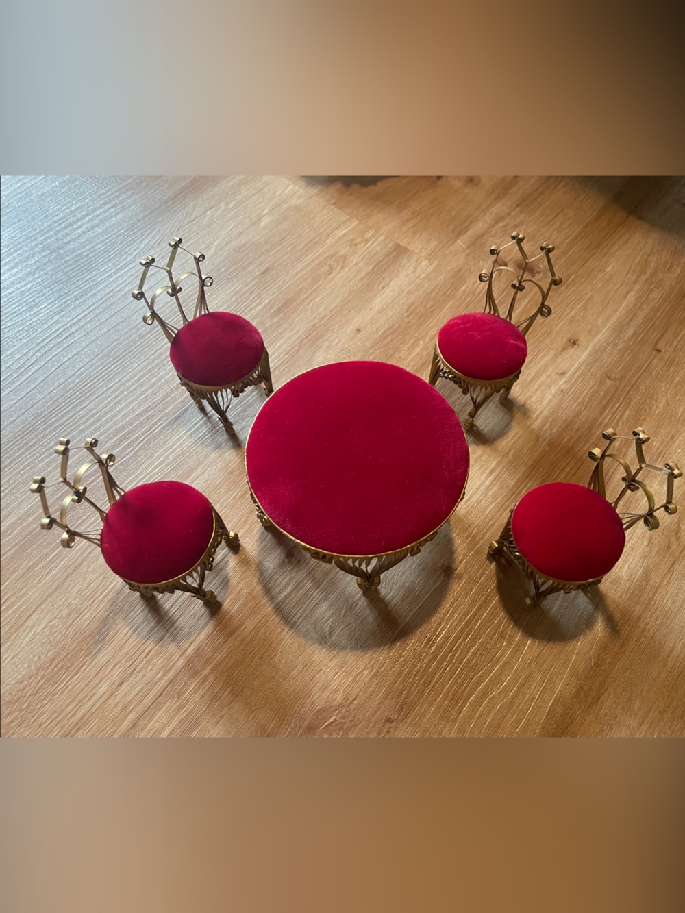 5 Piece Vintage Red Velvet & Tin Doll House furniture